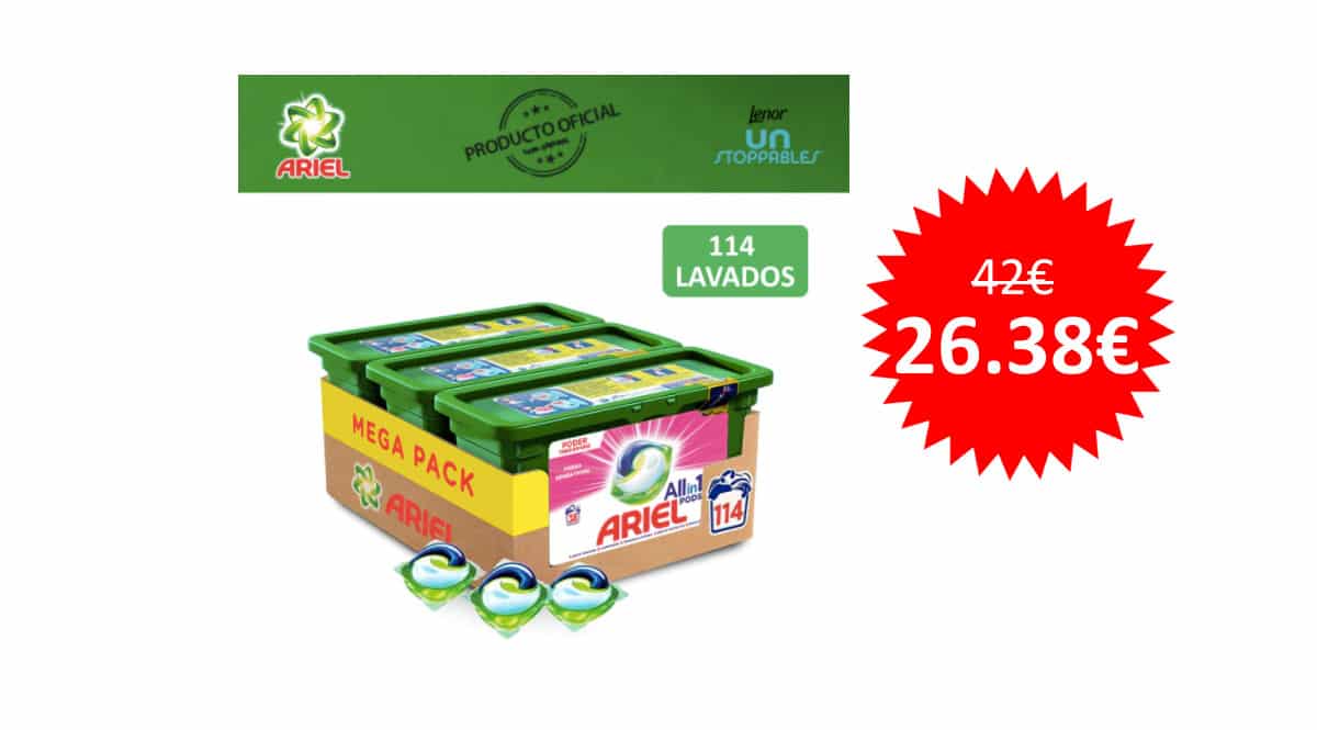 ¡¡Chollo!! 114 cápsulas de detergente Ariel 3 en 1 PODS sólo 26 euros.