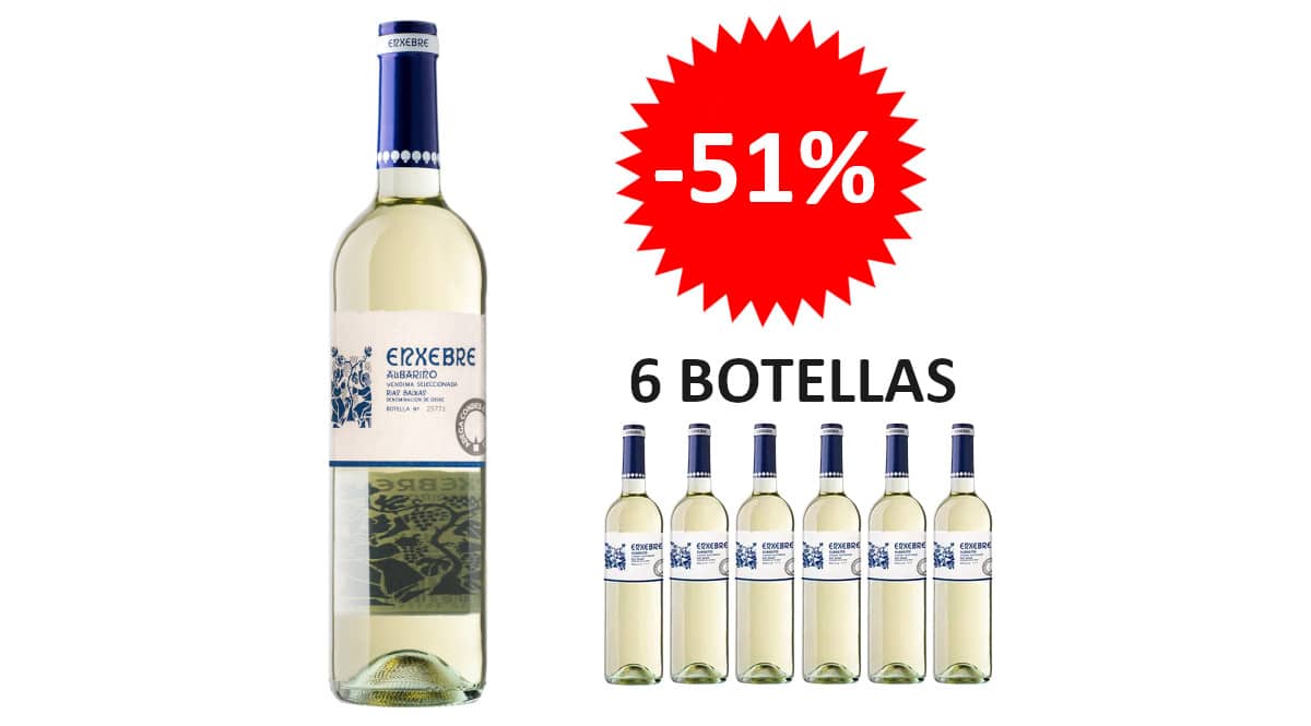 ¡¡Chollo!! 6 botellas de vino Albariño D.O. Rías Baixas Enxebre 2022 sólo 44 euros. 51% de descuento.