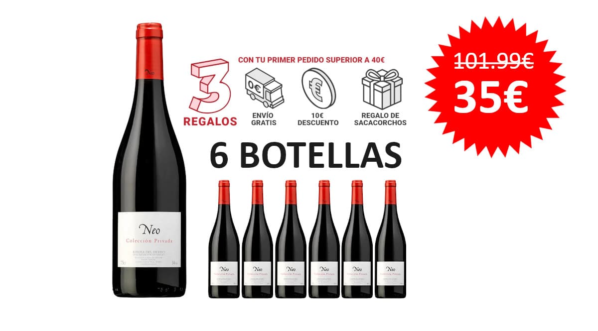 ¡¡Chollo!! 6 botellas de vino D.O. Ribera del Duero Neo Colección Privada 2020 sólo 35 euros. 66% de descuento.