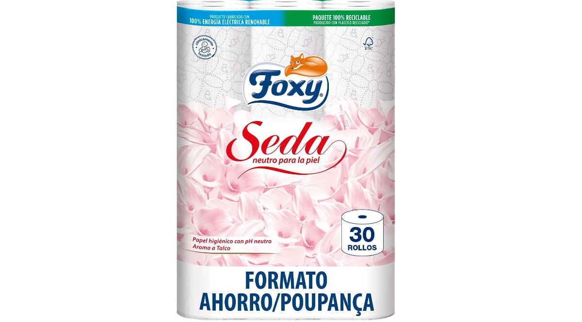 Chollo! 30 rollos de papel higiénico Foxy Seda 14.99 euros.