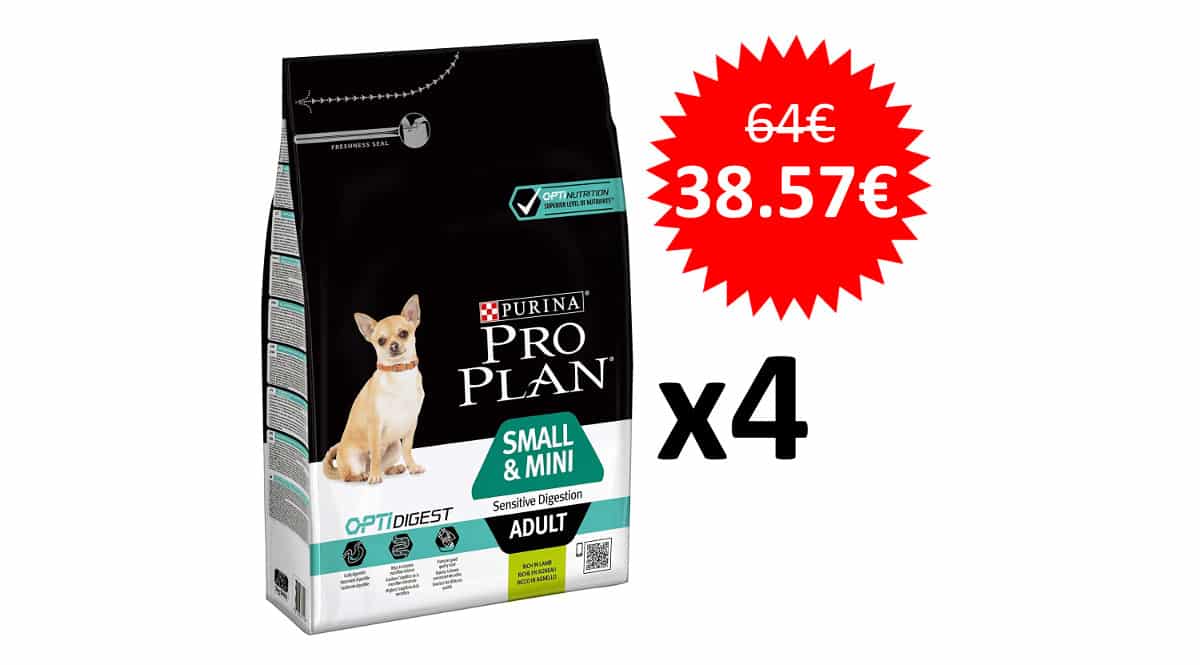 ¡Precio mínimo histórico! Pack de 4 bolsas de pienso (3kg) para perros Purina Pro Plan Small & Mini Adult sólo 38 euros.