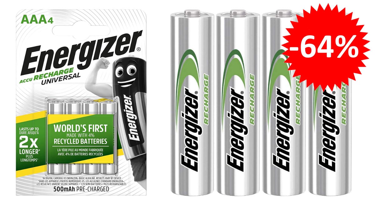 ¡¡Chollo!! Pack de 4 pilas recargables Energizer 500mAh AAA sólo 3.99 euros. 64% de descuento.