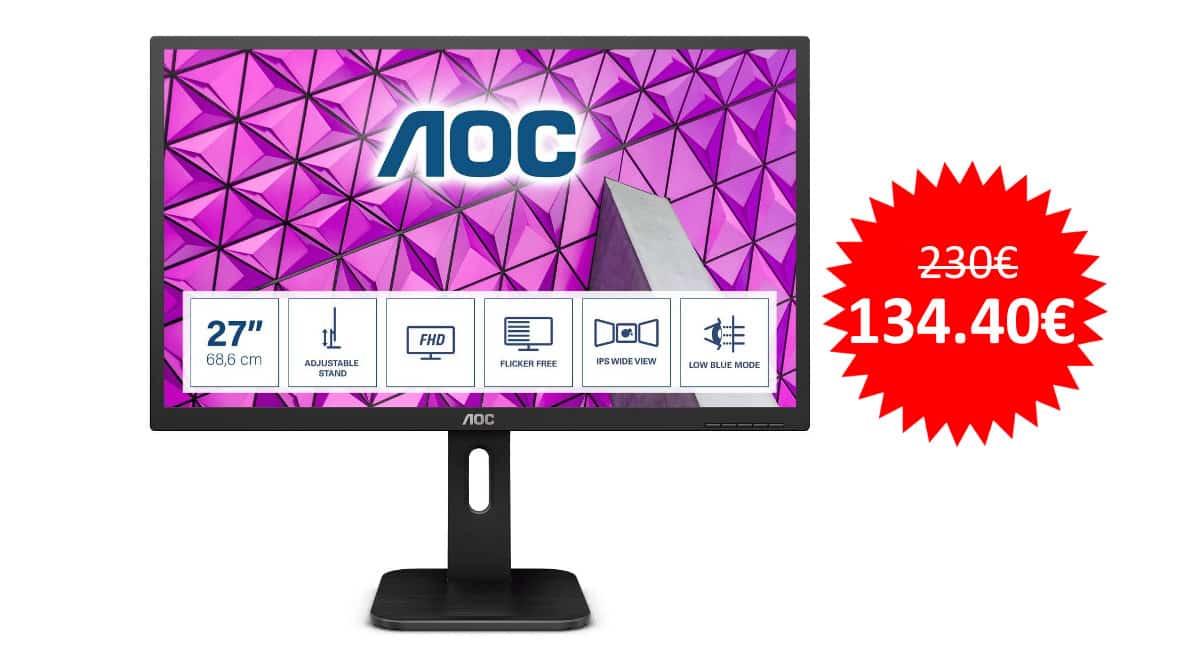 ¡Precio mínimo histórico! Monitor 27″ LED IPS Full HD AOC Pro-line 27P1 sólo 134 euros. Te ahorras 95 euros.