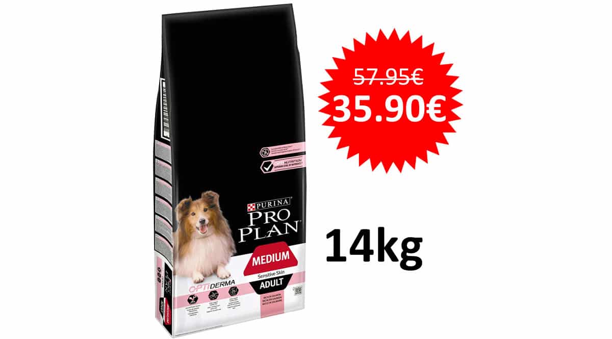 ¡Precio mínimo histórico! Pienso Purina ProPlan Medium Derma para perro adulto, de salmón 14Kg, sólo 35.90 euros.