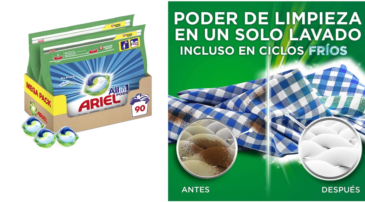 Detergente Ariel Pods All In One barato, detergente para la ropa de marca barato, ofertas en supermercado, chollo