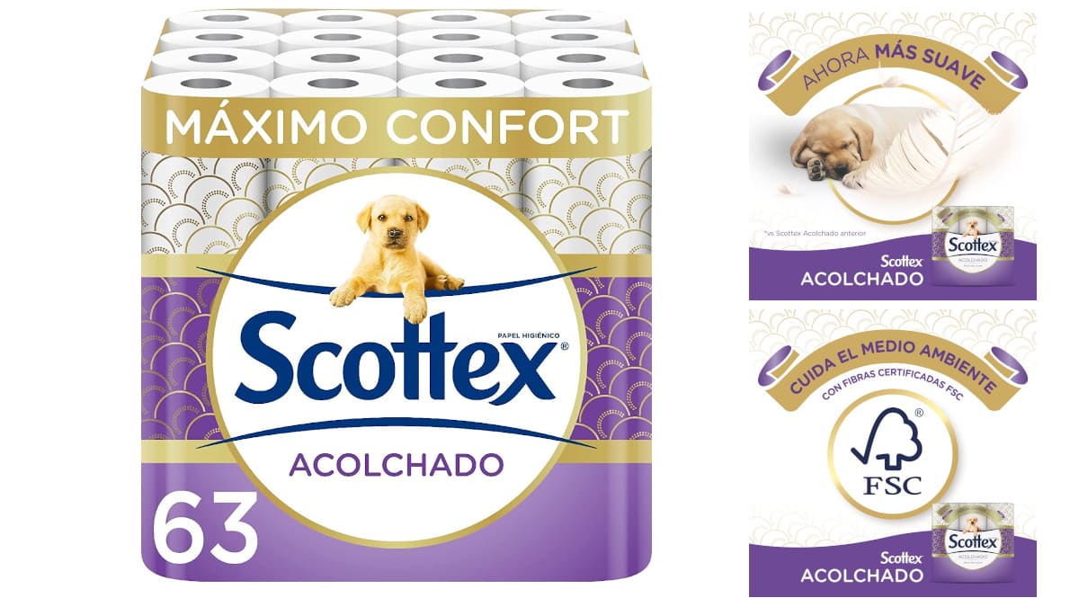 Pack 63 rollos de papel Higiénico Scottex acolchado barato, papel higienico barato, ofertas en supermercado chollo