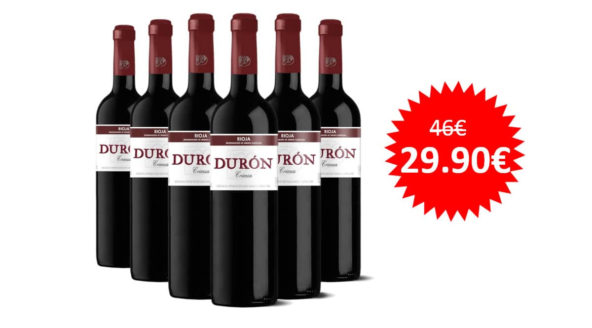 ¡¡Chollo!! 6 botellas de vino Durón Crianza 2020 D.O.Ca. Rioja sólo 29.90 euros. ¡Sólo hoy!