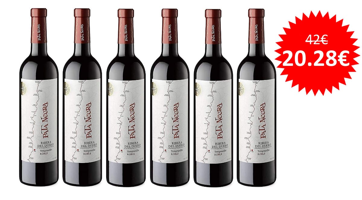 ¡Precio mínimo histórico! Caja de 6 botellas de vino tinto Pata Negra Roble D.O. Ribera del Duero sólo 20 euros. 52% de descuento.