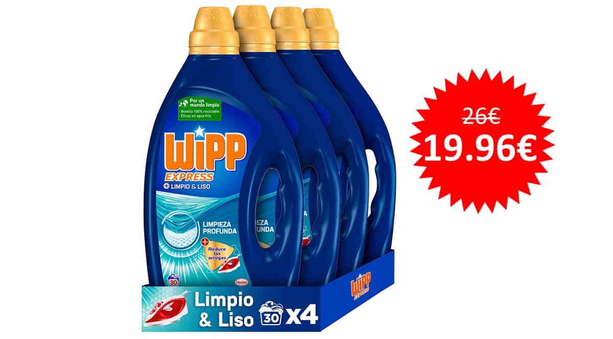 ¡¡Chollo!! Detergente líquido Wipp Express Limpio & Liso, 120 lavados, sólo 19.96 euros.
