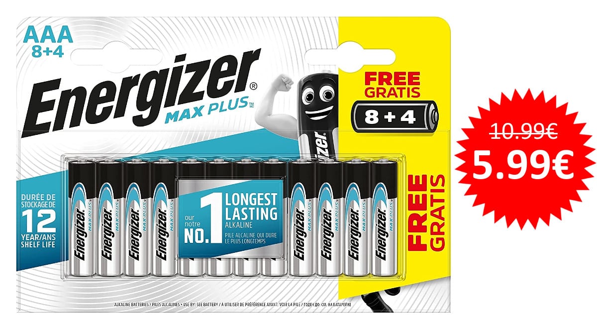 ¡¡Chollo!! Pack de 12 pilas alcalinas AAA / LR03 Energizer Max Plus sólo 5.99 euros.