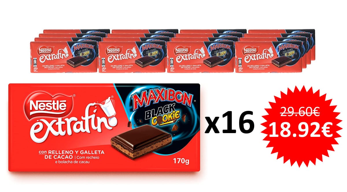 ¡¡Chollo!! Pack de 16 tabletas de chocolate Nestlé extrafino Maxibon Black Cookie sólo 18.92 euros.