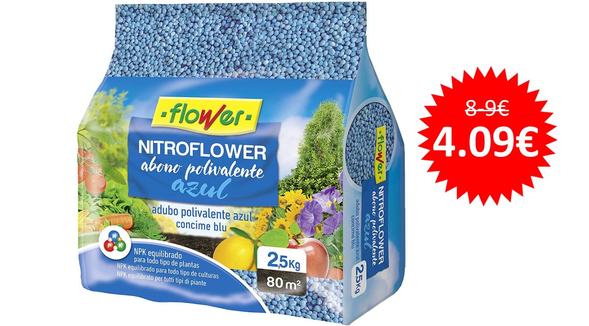 ¡¡Chollo!! Abono polivalente azul Flower Nitroflower 2.5kg sólo 4.09 euros. 52% de descuento.