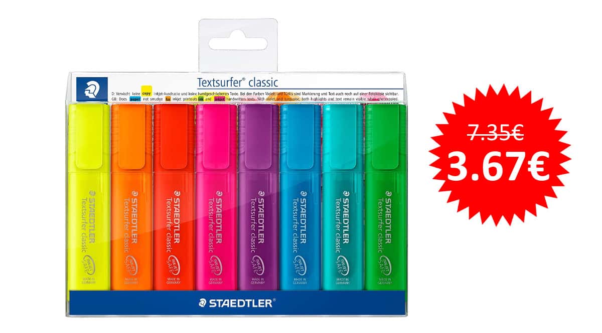 ¡Precio mínimo histórico! Pack de 8 marcadores fluorescentes Staedtler Textsurfer Classic 364 sólo 3.67 euros. 50% de descuento.