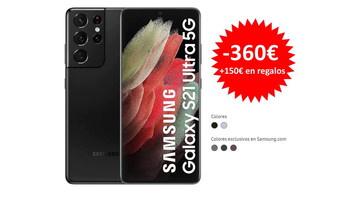 ¡Black Friday Samsung! Móvil Samsung Galaxy S21 Ultra 5G 12GB/128GB sólo 899 euros. Te ahorras 360 euros. ¡Además, 150 euros en regalos! En 5 colores.