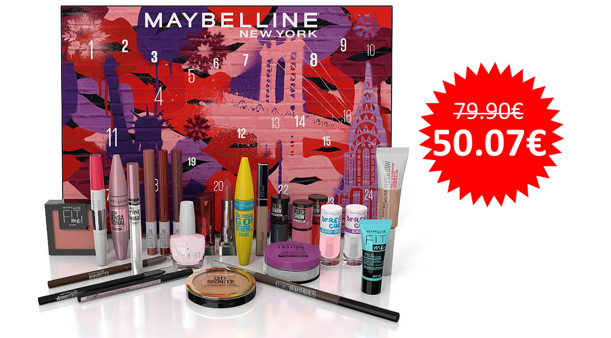 ¡Código descuento! Calendario de adviento 2021 Maybelline New York, con 24 productos de maquillaje, sólo 50 euros.
