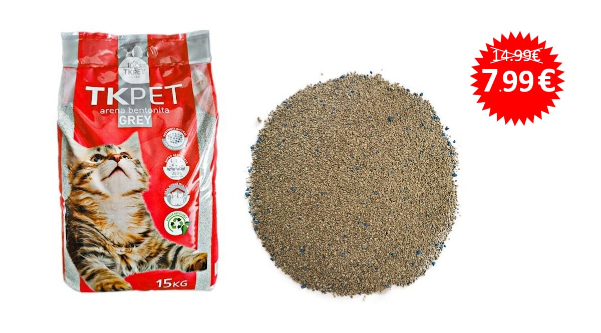 15 kilos de arena de bentonita gris aglomerante TK-Pet barata, productos para mascotas baratos, ofertas para gatos chollo