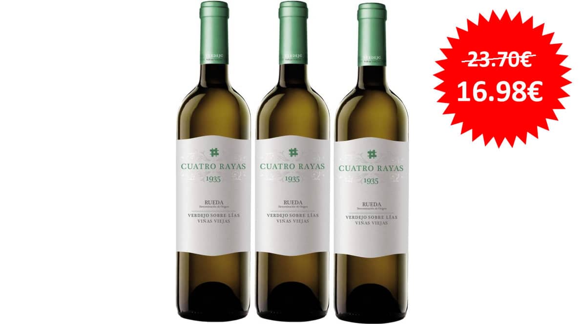 Pack 3 botellas vino blanco Verdejo sobre Lías Cuatro Rayas 1935 D.O. Rueda barato, ofertas en vino, vino barato, chollo