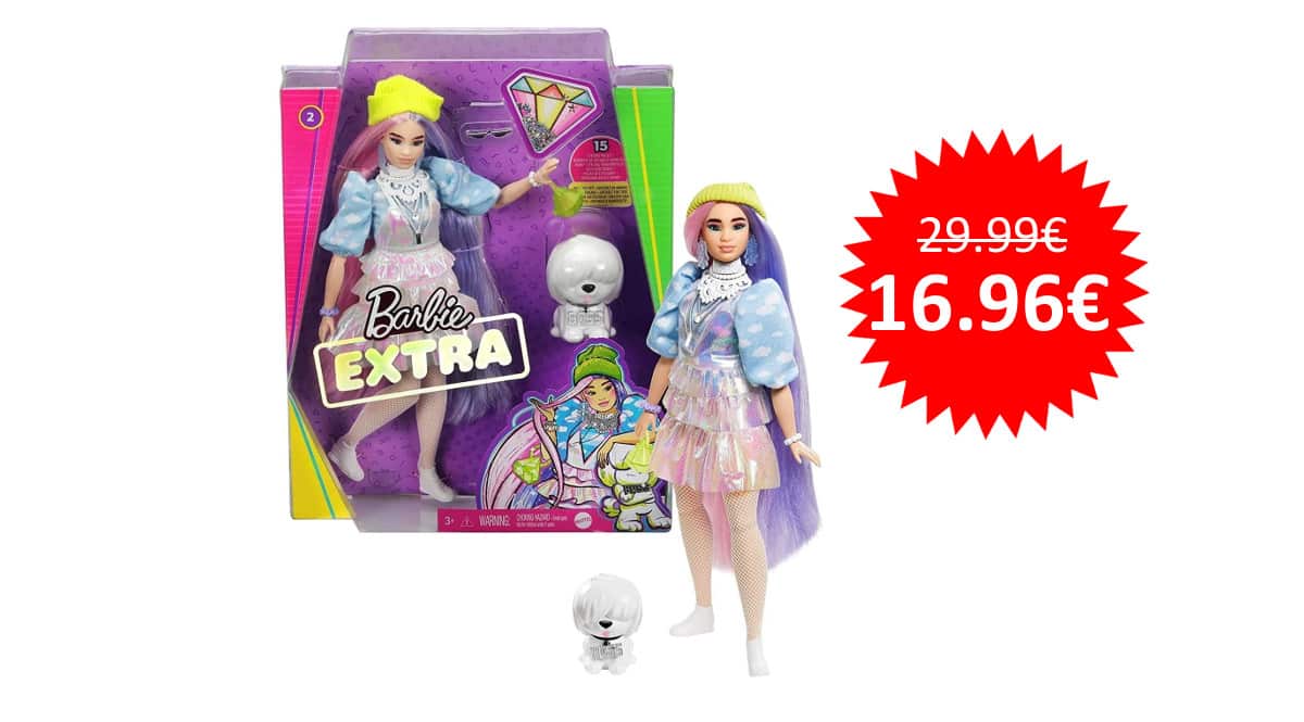 ¡Precio mínimo histórico! Barbie Extra, muñeca con pelo rosa y morado, sólo 16.96 euros.