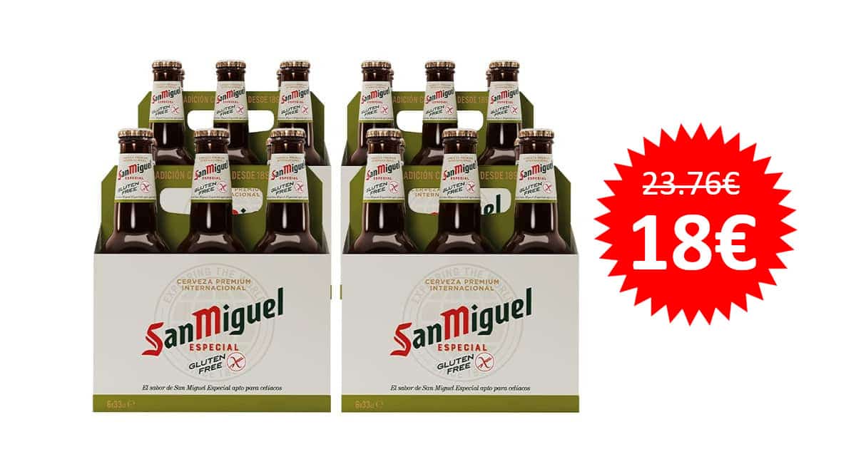 ¡¡Chiollo!! Pack de 24 botellines (33cl) de cerveza San Miguel Especial sin gluten sólo 18 euros.