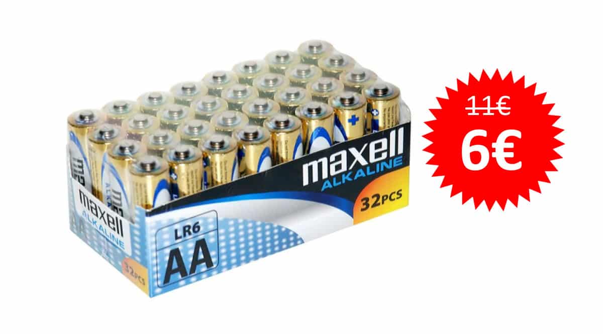 ¡Precio mínimo histórico! Pack de 32 pilas alcalinas AA Maxell LR6 sólo 6 euros.