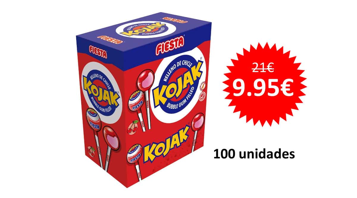 ¡Precio mínimo histórico! Caja de 100 caramelos con palo Kojak, de cereza relleno de chicle, sólo 9.95 euros. 53% de descuento.