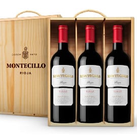 ¡Precio mínimo histórico! Estuche de madera de 3 botellas de vino tinto D.O. Rioja Montecillo Crianza sólo 14.88 euros.