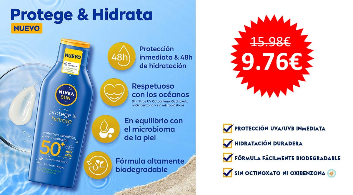 ¡¡Chollo!! Protector solar Nivea Sun Protege & Hidrata SPF-50+ 400ml sólo 9.76 euros.