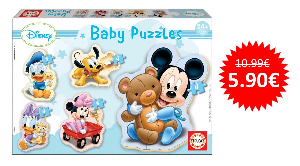 ¡Precio mínimo histórico! Conjunto de 5 puzzles progresivos Educa Borrás de Baby Mickey Mouse sólo 5.90 euros.