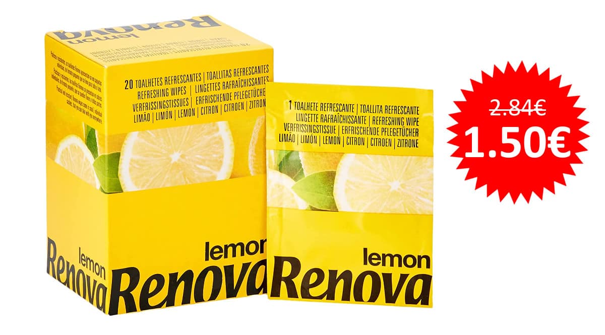 ¡Precio mínimo histórico! 20 toallitas Renova refrescantes de limón sólo 1.50 euros.
