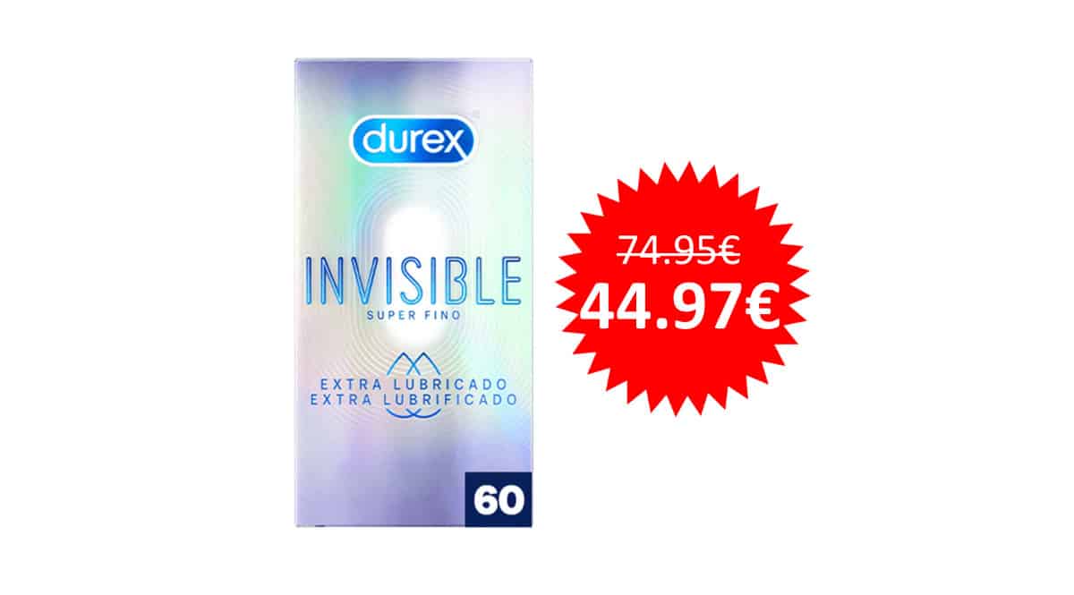 ¡Código descuento exclusivo! 60 preservativos Durex Invisible Extra Lubricados sólo 44.97 euros.