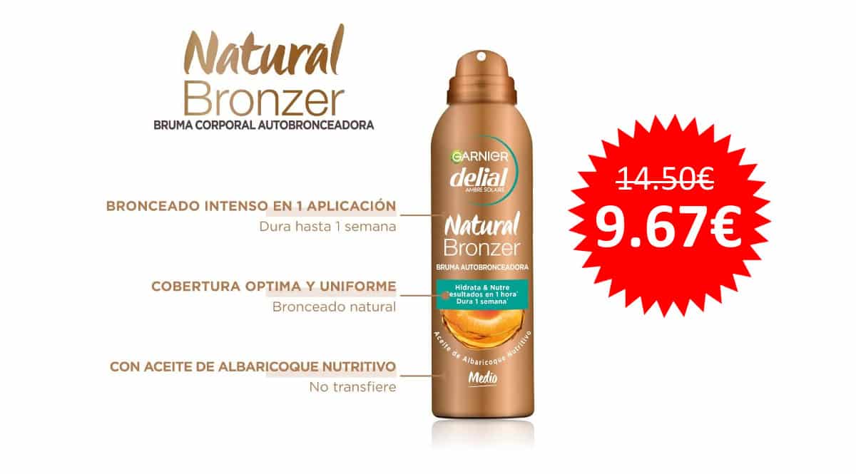 ¡Precio mínimo histórico! Bruma autobronceadora Garnier Delial Natural Bronzer sólo 9.67 euros.