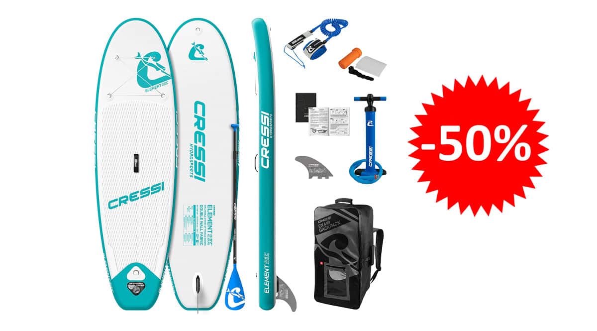 ¡¡Chollo!! Set tabla paddle surf hinchable Cressi Isup Element 8.2″ sólo 249 euros. 50% de descuento.