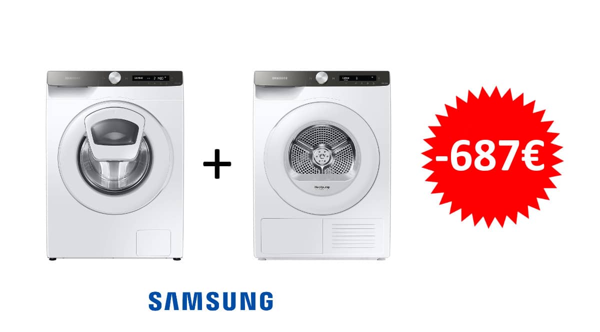 ¡Código descuento! Lavadora + secadora Samsung sólo 891 euros. Te ahorras 687 euros. ¡Y 20% de descuento EXTRA en un tercer producto!