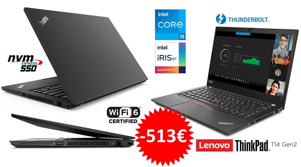 ¡Código descuento exclusivo! Portátil Lenovo ThinkPad T14s Gen 2 i5-1135G7/16GB/512GB SSD sólo 1065 euros. Te ahorras 513 euros.