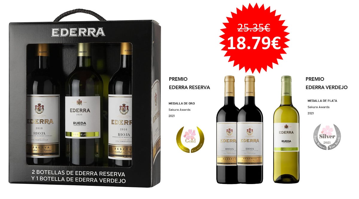 ¡Precio mínimo histórico! Estuche regalo de 3 vinos Ederra: 2 tintos Reserva DOCa Rioja + 1 blanco Verdejo DO Rueda sólo 18.79 euros.