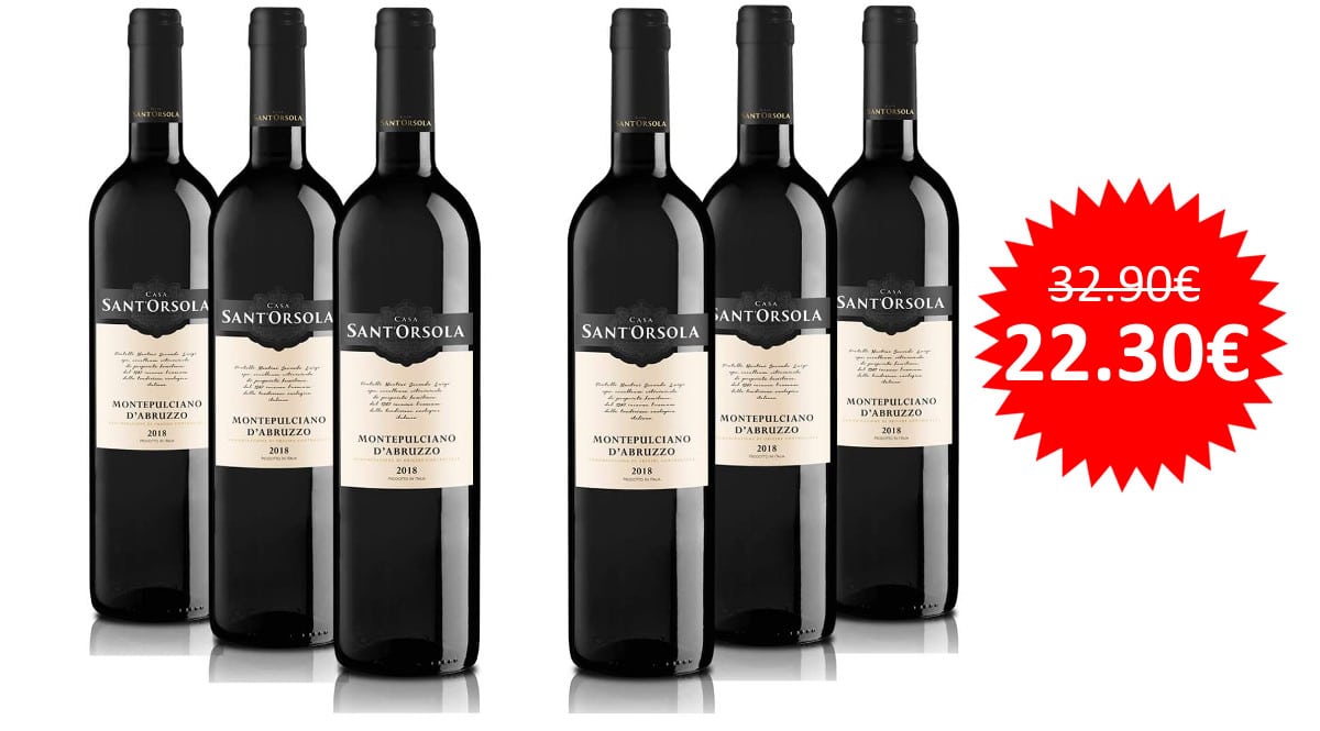¡Precio mínimo histórico! 6 botellas de vino tinto italiano Sant’Orsola Montepulciano DOC Abruzzo sólo 22 euros.