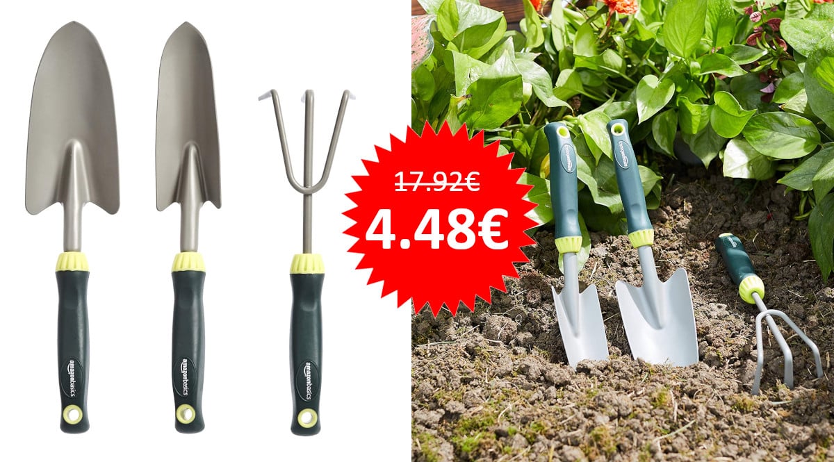 ¡Precio mínimo histórico! 3 herramientas de jardinería Amazon Basics sólo 4.48 euros. 75% de descuento.