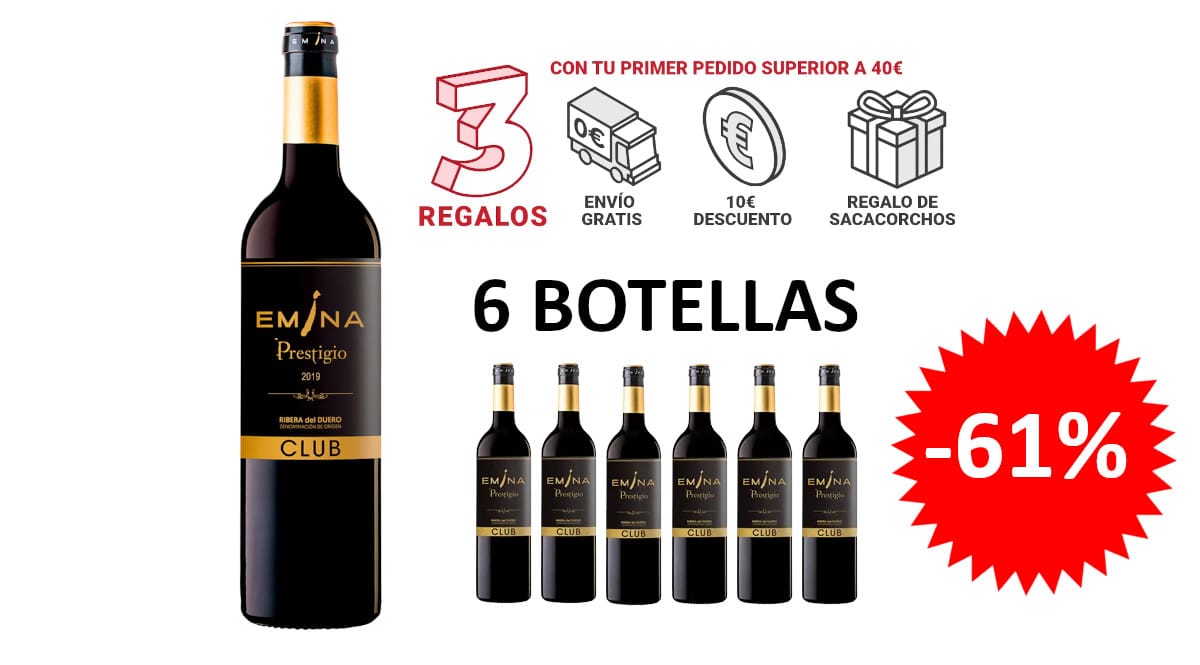 ¡¡Chollo!! 6 botellas de vino tinto Emina Prestigio Club 2019, D.O. Ribera del Duero, sólo 38 euros. 61% de descuento.