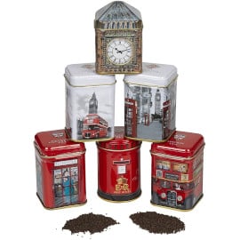 ¡Precio mínimo histórico! 6 mini latas de té (con 150gr de té incluido) con escenas tradicionales de Londres sólo 8.83 euros.