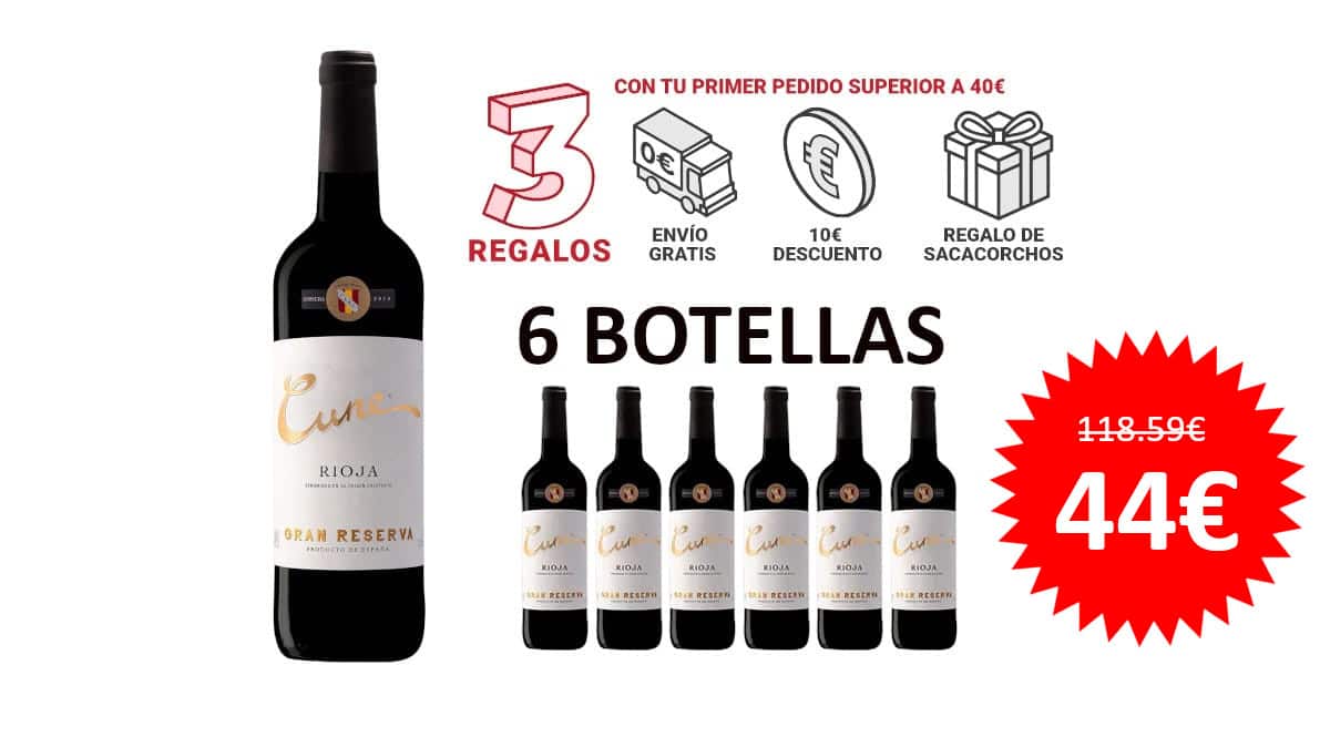 ¡¡Chollo!! 6 botellas de Cune Gran Reserva 2017 D.O.Ca. Rioja sólo 44 euros. 63% de descuento.