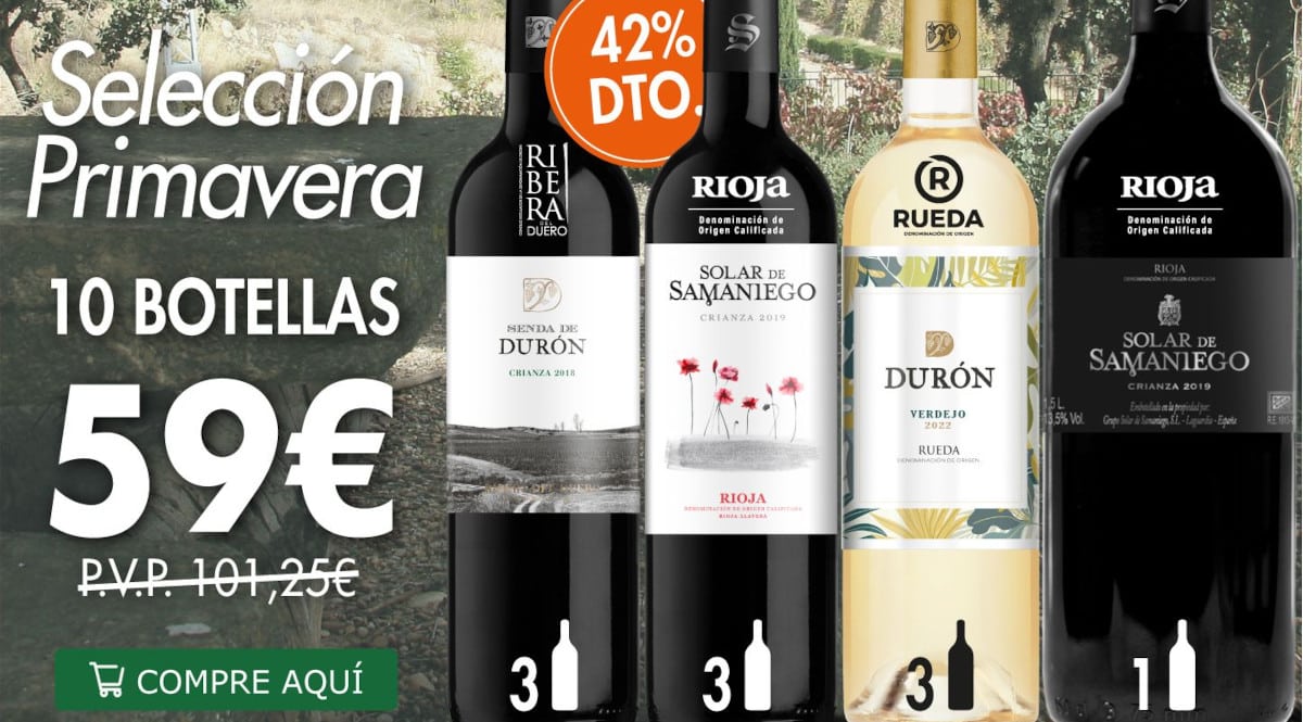 ¡¡Chollo!! 9 botellas de vino + 1 Magnum, Selección de Primavera de Solar de Samaniego, sólo 59 euros. Te ahorras 42 euros.