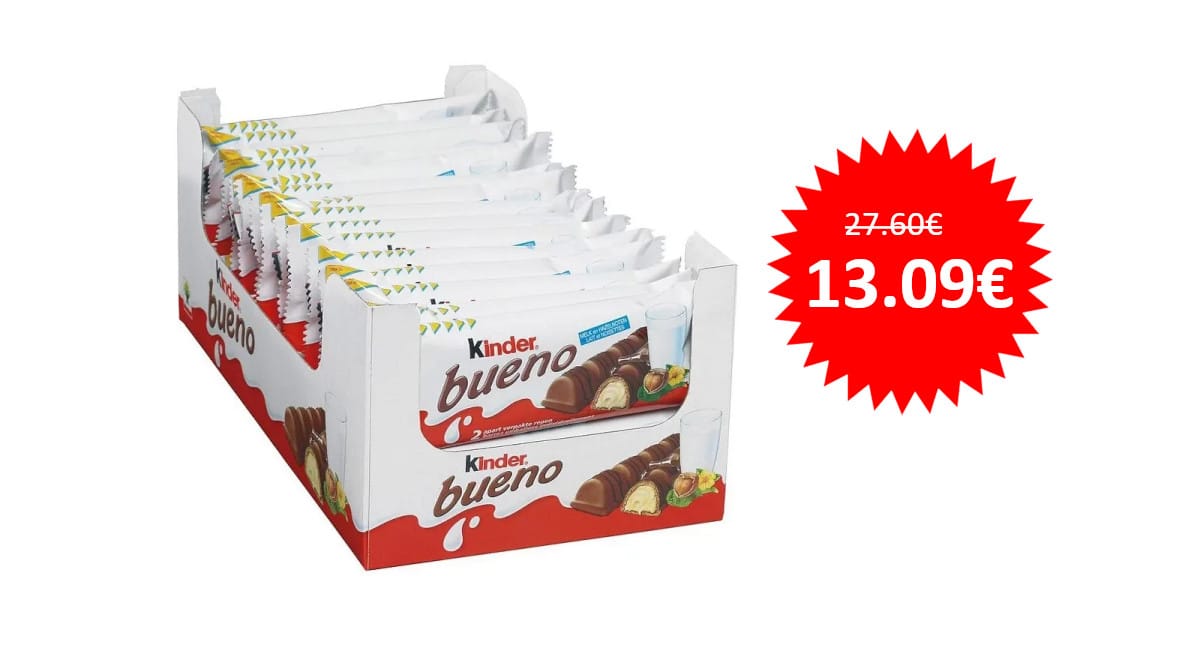 ¡Cupón descuento! Caja de 30 paquetes de chocolatinas Kinder Bueno sólo 13.09 euros. 53% de descuento.