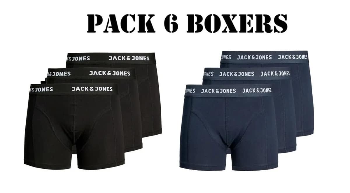 Pack de 6 boxers Jack & Jones baratos, ropa de marca barata, ofertas en ropa interior chollo