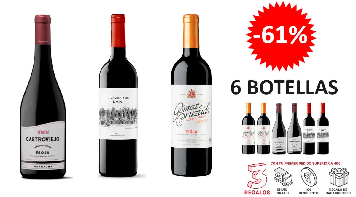 ¡¡Chollo!! 6 botellas de vino D.O.Ca Rioja Crianza y Reserva sólo 33 euros. 61% de descuento.