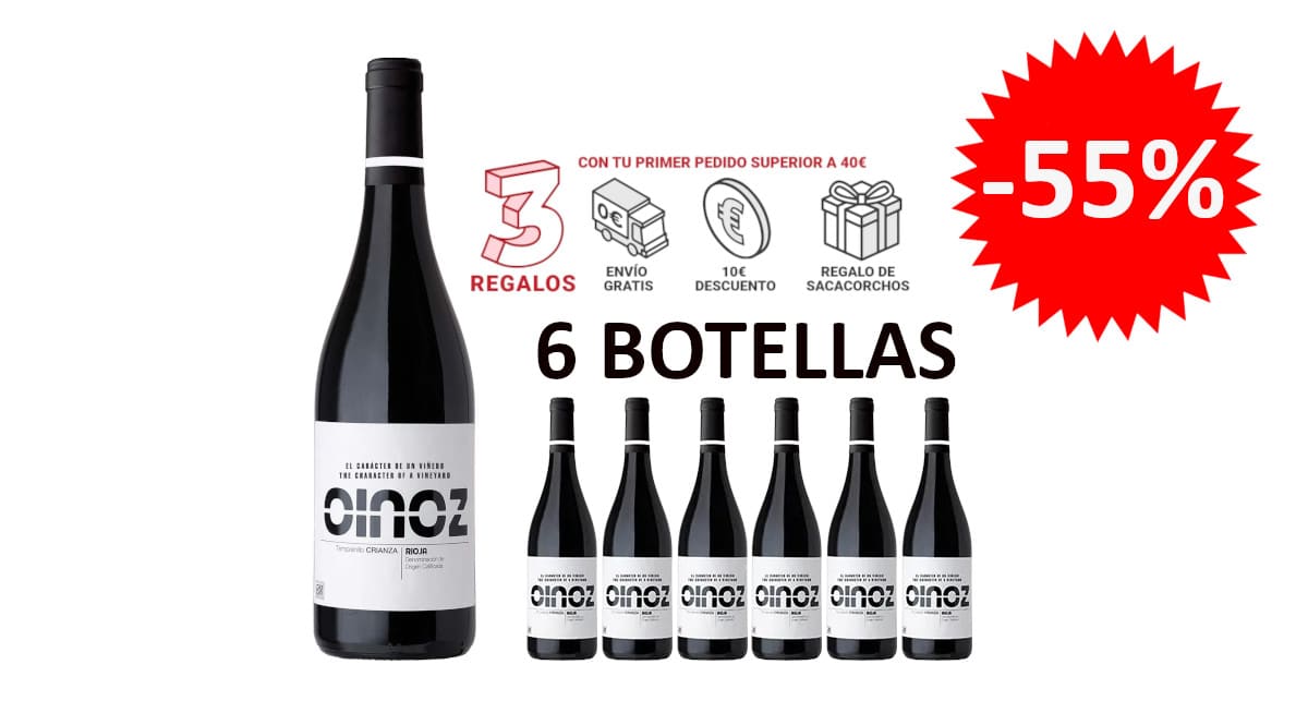 ¡¡Chollo!! 6 botellas de vino Oinoz Crianza 2018 D.O.Ca. Rioja sólo 38 euros. 55% de descuento.