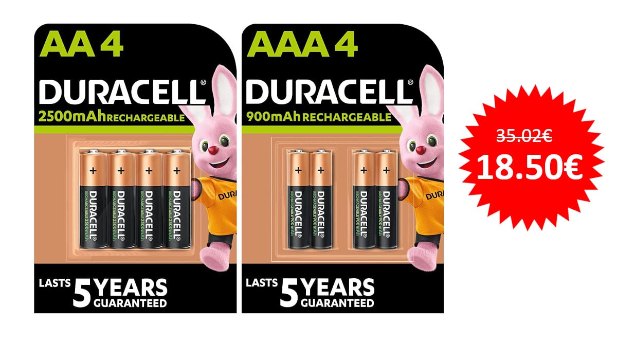 ¡Precio mínimo histórico! 8 pilas recargables Duracell (paquete de 4 AA 2500mAh + paquete de 4 AAA 900 mAh) sólo 18.50 euros.