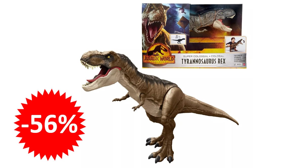 ¡Precio mínimo histórico! Figura dinosaurio articulado de 60cm Jurassic World T-Rex Super Colosal sólo 34.99 euros. 56% de descuento.