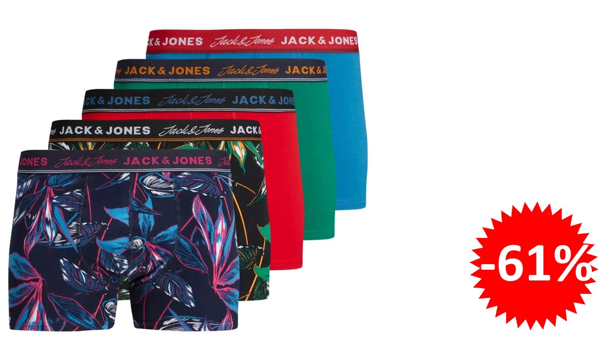 Pack de 5 calzoncillos Jack & Jones baratos, calzoncillos de marca baratos, ofertas en ropa, chollo