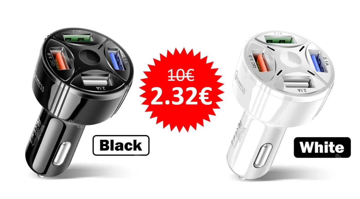 ¡¡Chollo!! Cargador de coche de carga rápida, con 4 puertos USB, sólo 2.32 euros. 77% de descuento. En blanco y en negro. ¡Envío gratis!