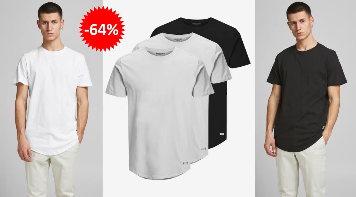 Pack de 3 camisetas Jack & Jones baratas, ropa de marca barata, ofertas en camisetas chollo